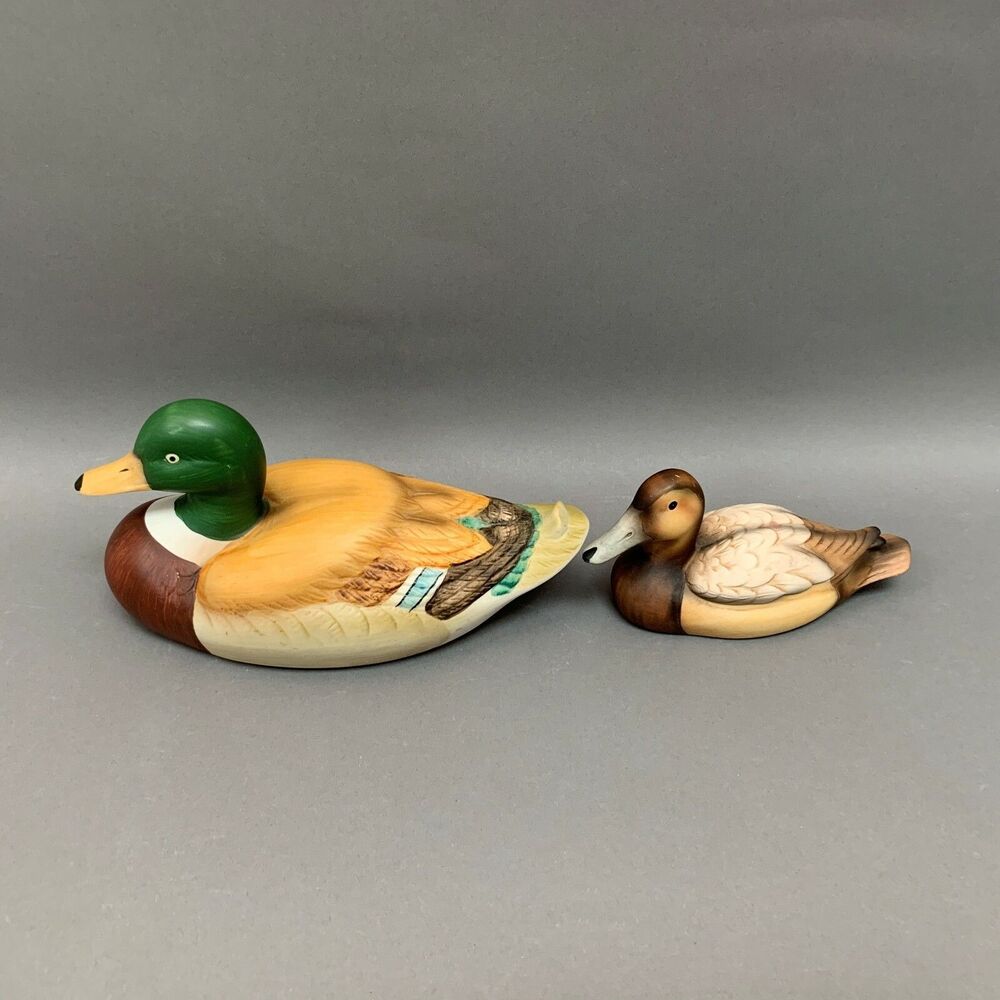 Porcelain Mallard Ducks Canvas Back Hand Painted Green Head Brown Decoy Lot of 2